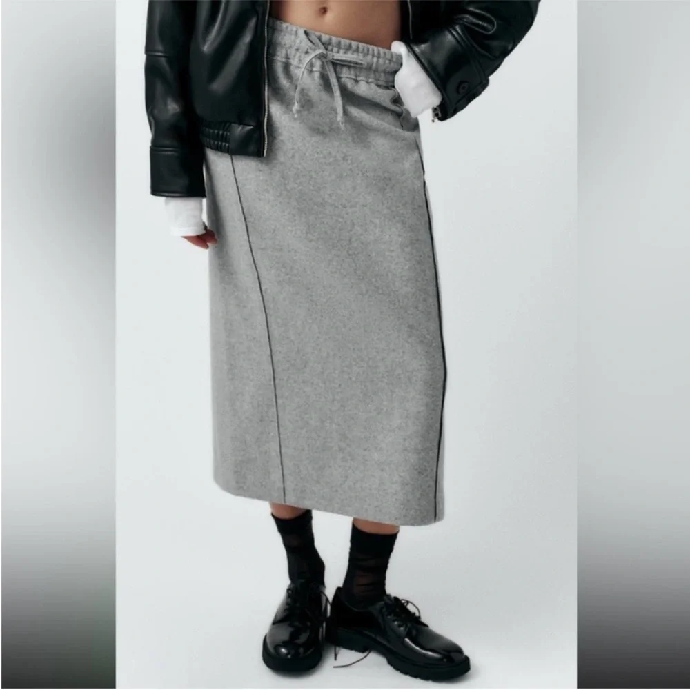 Zara, Mid-Gray, STRAIGHT FELT TEXTURE SKIRT, Large